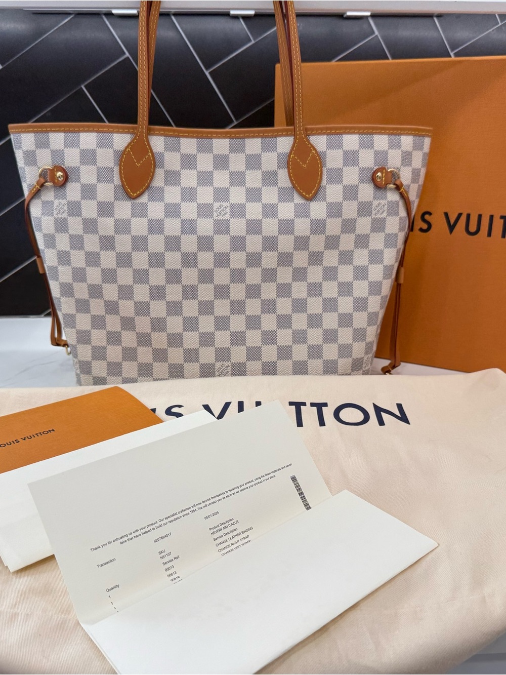 Louis Vuitton Damier Azur Canvas Neverfull MM with all vachetta replaced by LV